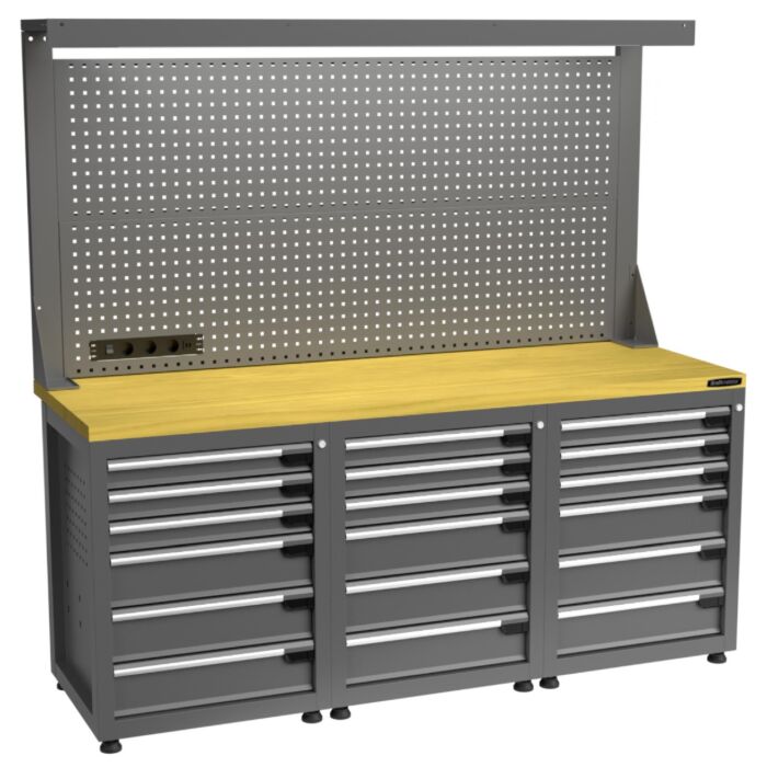 Kraftmeister workbench with back panel 18 drawers MDF 200 cm grey