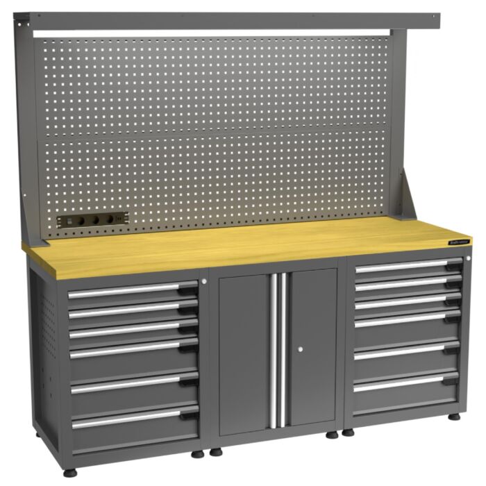 Kraftmeister Pro workbench with tool panel 12 drawers 2 doors MDF 200 cm grey