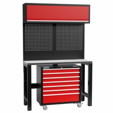 Kraftmeister Standard workbench with wall cabinet and roller cabinet stainless steel 136 cm red