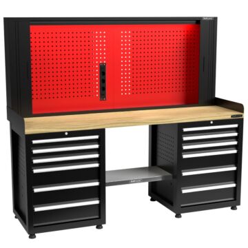 Kraftmeister Pro workbench with tool panel 12 drawers oak 200 cm black